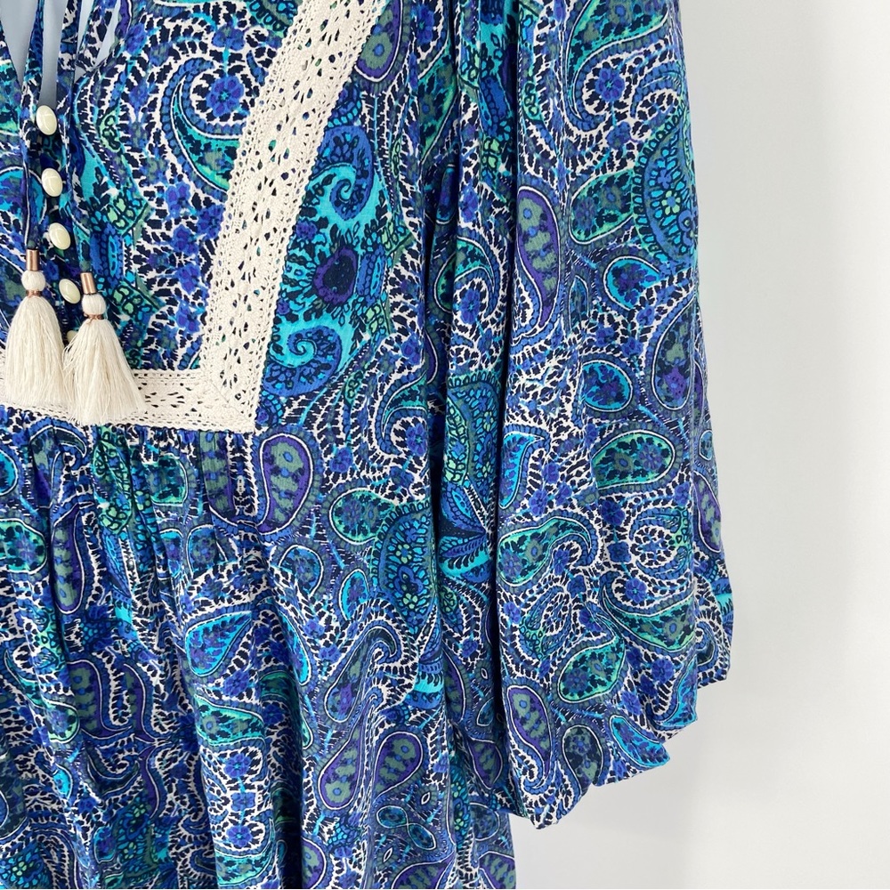 Anthropologie Lissa Boho Crochet Lace Detail Paisley Print Puff Sleeve Romper XS - Picture 9 of 16